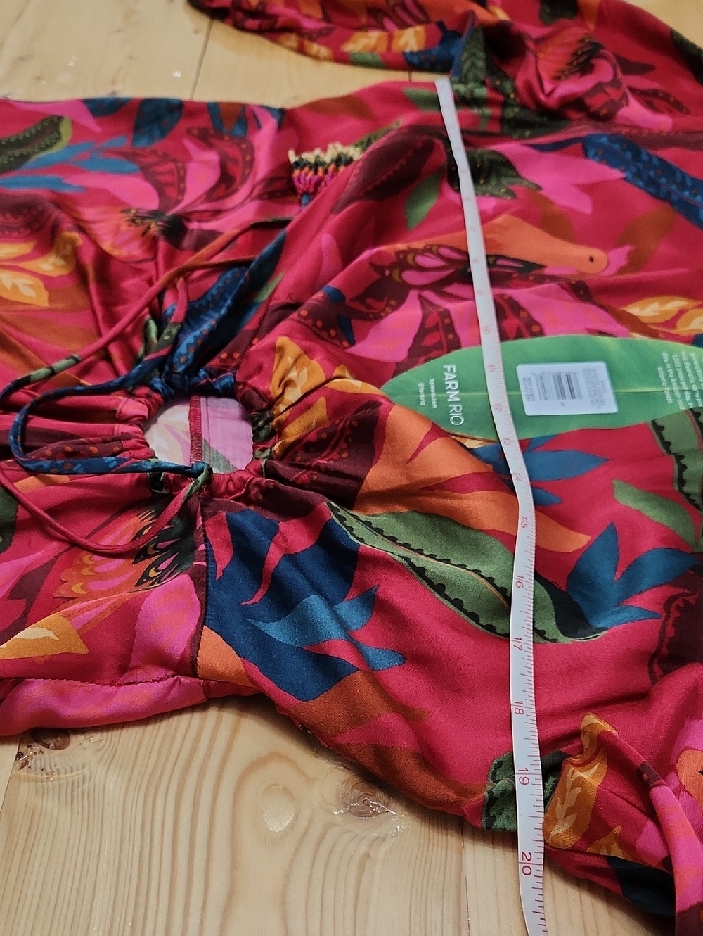 FARM Rio Red Rooster Leaves Cut Out Satin Dress Long Sleeve Mini Size L - Picture 16 of 17